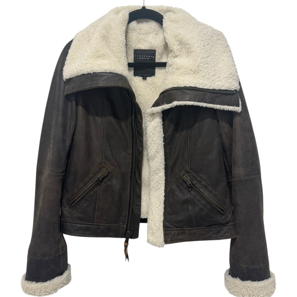 Sanctuary Brown Genuine Leather Shearling-Lined Moto/Aviator Jacket, Size S
